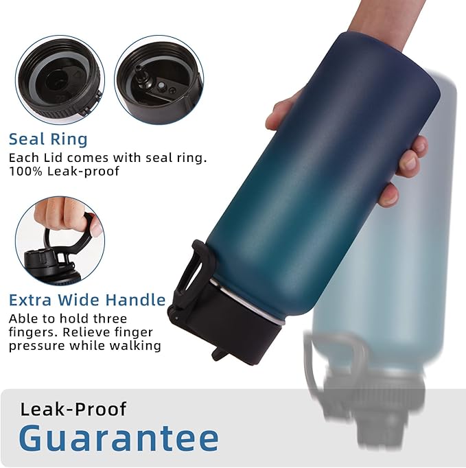 Volhoply 32 oz Insulated Water Bottles Bulk 4 Pack with Straw Lid & Spout Lid,Stainless Steel Sports Water Bottle,Double Wall Vacuum Cups,Leakproof Wide Mouth Metal Flask for Travel(Dark Night,4)