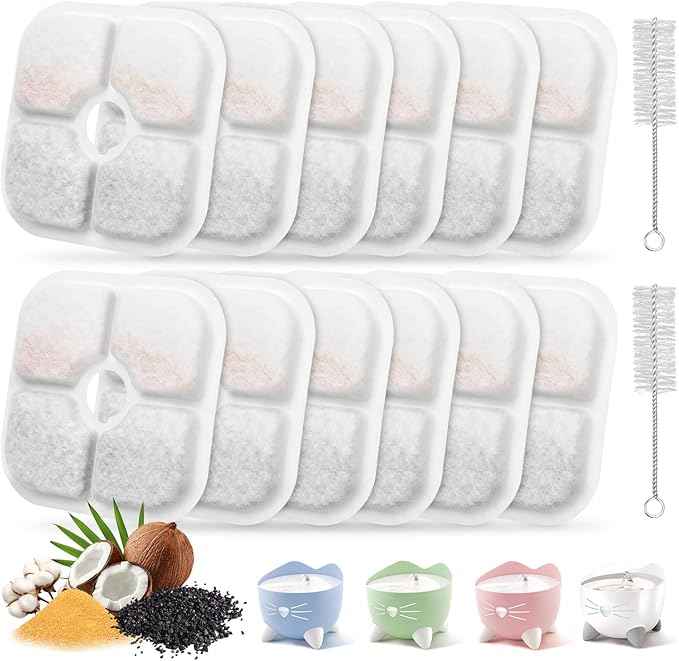 12-Pack Cat Water Fountain Filter Replacement Compatible with Catit Pixi – Triple Action Activated Carbon & Ion Exchange Resin, Soft Water System for Fresh & Clean Drinking