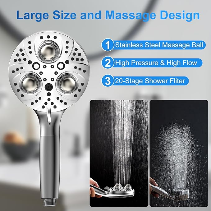 Filter Handheld Shower Head for Residual Chlorine Remove,10-Spray Modes Massage Showerhead, Large Powerful Handheld Showerhead with 79in Hose Detachable (Premium Chome)