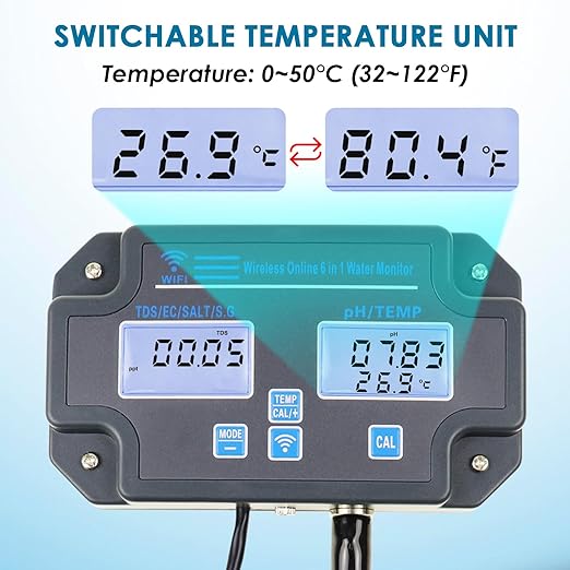 6 in 1 Smart Water Quality Tester, WiFi pH Meter pH, EC, TDS, Salt, SG, and Temperature with 24Hrs Wi-Fi Online Mobile APP Monitoring for Fish Ponds, Aquariums, Hydroponics, Pool & Seawater