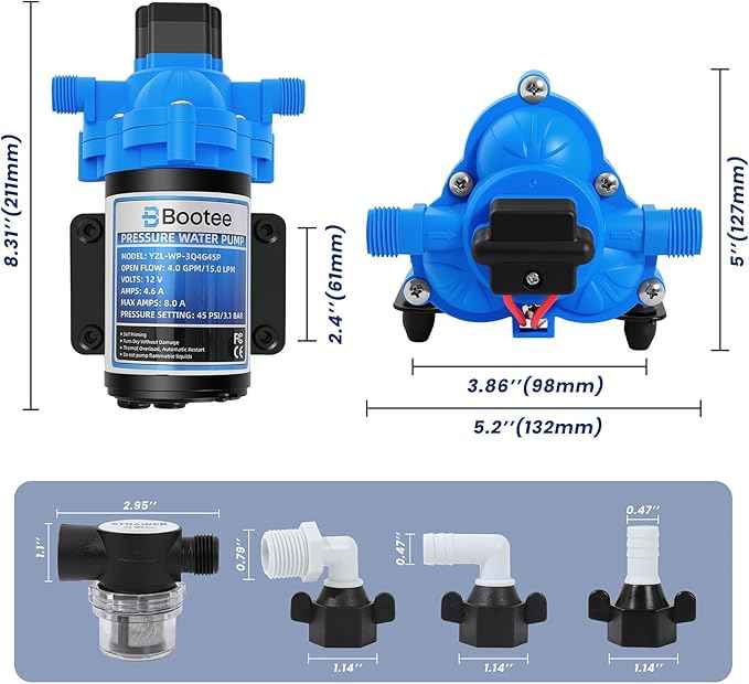 Bootee 12V RV Water Pump, 4.0 GPM 45PSI Automatic Pressure Switch, Self-Priming Fresh Water Pump for RV Marine Camping, 12 Volt DC Water Transfer Pump with Thermal Protection