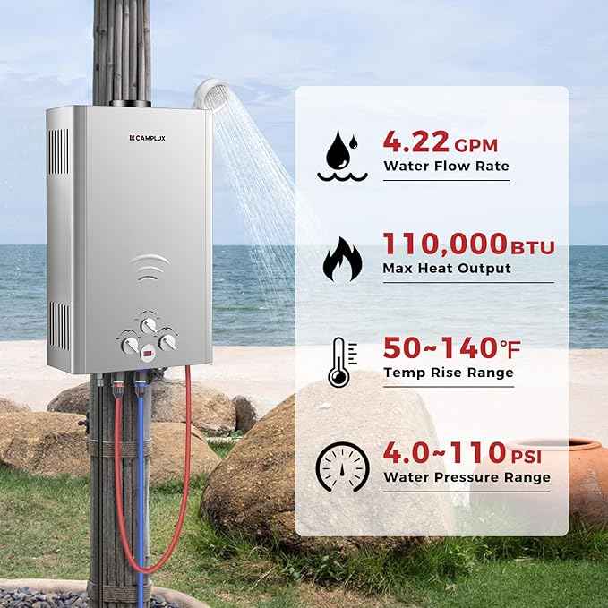 CAMPLUX Tankless Water Heater, 4.22 GPM Propane Water Heater Gas, 110,000 BTU Outdoor Camping Water Heater, Propane Shower, Gray
