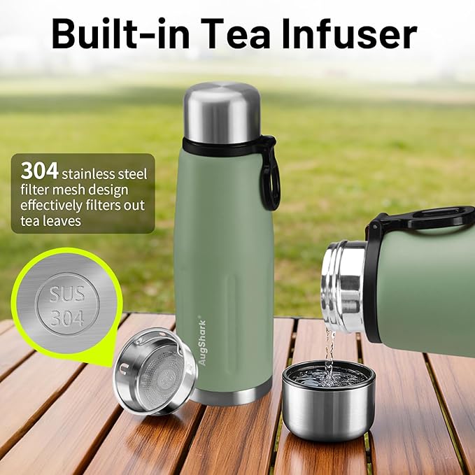 20oz Stainless Steel Insulated Water Bottle Travel Coffee Cup with Lid Leak Proof Metal Water Bottle for Hot and Cold Drink Water Flask (Green)