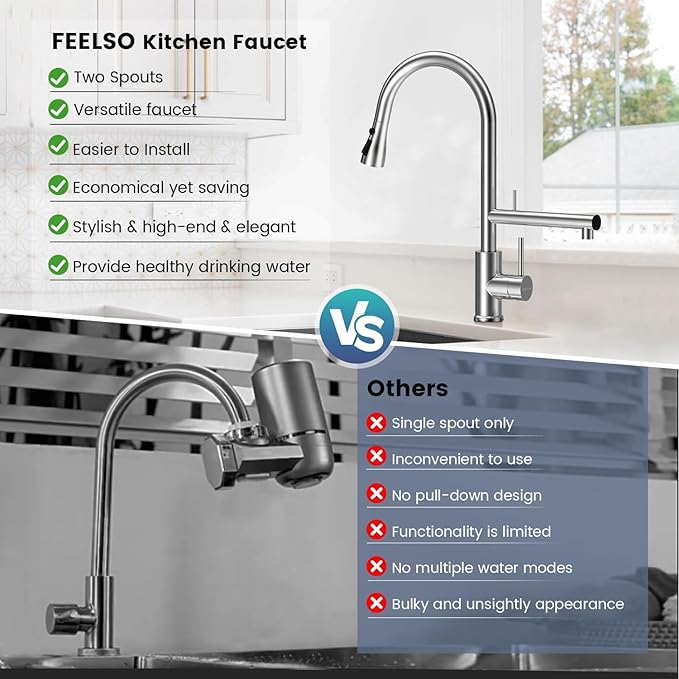 FEELSO Kitchen Faucets, Upgraded Filter Water Kitchen Faucet with Pull Down Sprayer, Brushed Nickel Stainless Steel High Arc 1 Or 3 Hole Kitchen Sink Faucet for Remove Lead, Chlorine, Bad Taste & Odor