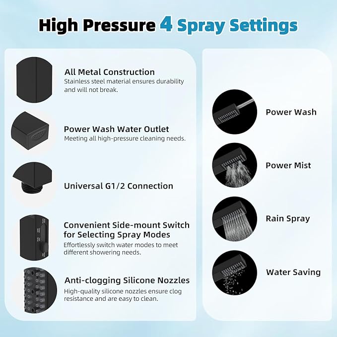 Hibbent cUPC Certified High Pressure 12'' Rainfall Shower Head, Showerhead Combo with 4-mode Handheld Spray, 12'' Adjustable Extension Arm, Extension Bar, Easy Reach Holder, 71'' Hose, Matte Black