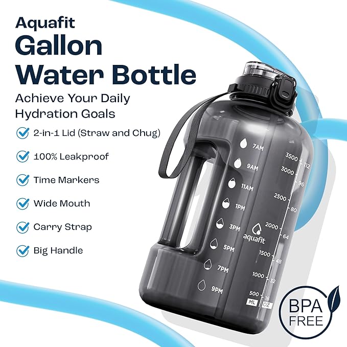 AQUAFIT 1 Gallon Water Bottle with Time Marker - Straw & Chug Lid - BPA Free Gym Water Bottle with Straw - Big Gallon Jug (Blue, 128 oz - 2in1 Lid)