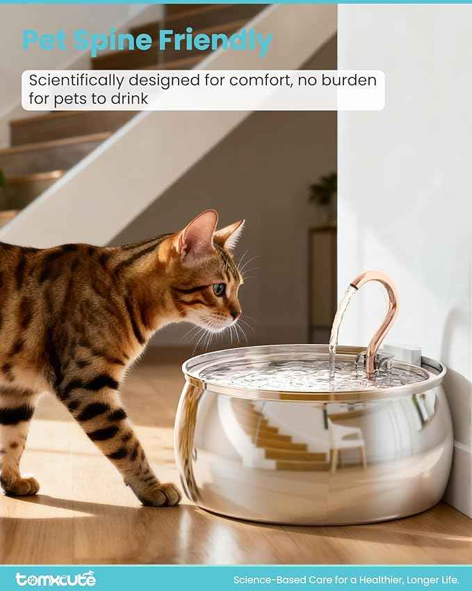 Tomxcute Cat Water Fountain - 4.0L/135oz Gooseneck Copper Faucet Design Cat Fountains for Drinking - Large Capacity Stainless Steel Cats Water Fountain - Comes with 3 Replacement Filters