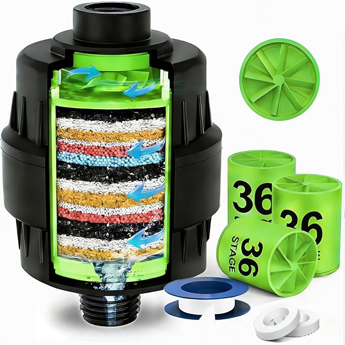 Shower Water Filter, 36-Stage High Output Filtered Shower Head, Shower Head Filter for Hard Water for Hard Water, Removes Chlorine, Fluoride (36 Stage Black Shower Filter)