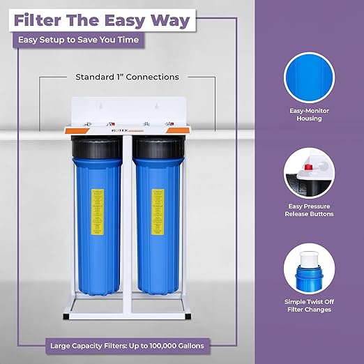 Rotek Water Systems Whole House Water Filtration System | 2-Stage Water Filter System | SED & KDF| Clean Drinking Water | Sediment & Carbon Filter | 20 Inch