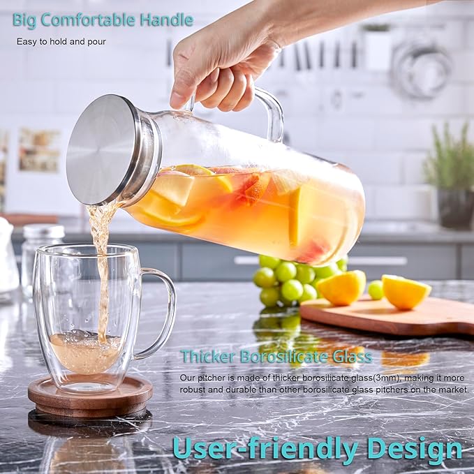 Bivvclaz 1.6 Liter 54 oz Glass Pitcher with Lid and Handle, Glass Carafe Water Pitcher for Hot/Cold Water, Iced Tea, Drinks, Coffee, Juice and Homemade Beverage
