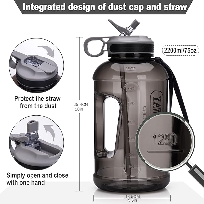 Half Gallon Water Bottle with Straw Leakproof Large Sports Water Bottle with Handle 2L/74oz BPA Free Water Jug for Camping Hiking (2.2L, Black)