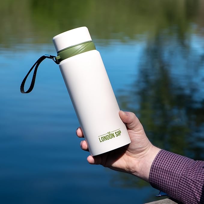The London Sip 25 oz Multi-Purpose Tea Infuser Mug – Fruit Infuser Water Bottle for Hot and Cold – Double Wall Stainless Steel Insulated, Safari Beige