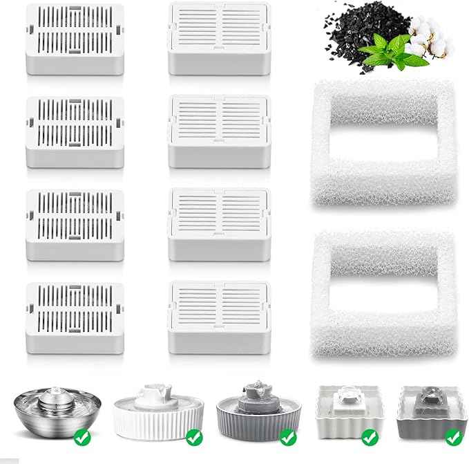 Wave and Cup Cake Porcelain Cat Fountain Filter 8 Carbon Filters 2 Foam Filters Ceramic Pet Fountain Water Dispenser Dog Fountain Replacement Filters(10PACK)