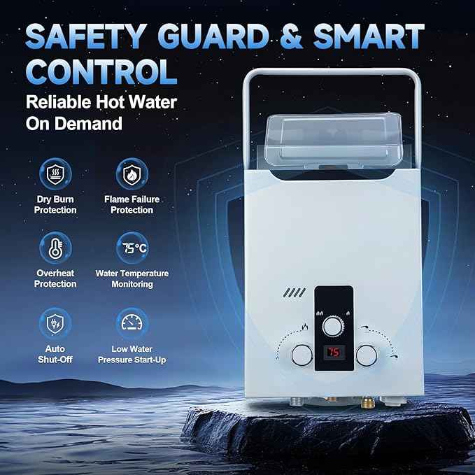 Propane Tankless Water Heater Outdoor, 2.11 GPM 8L, Portable Gas Water Heater with Handle and Digital Display, Instant Hot Water for RV, Cabin, Pet Bathing, Camping