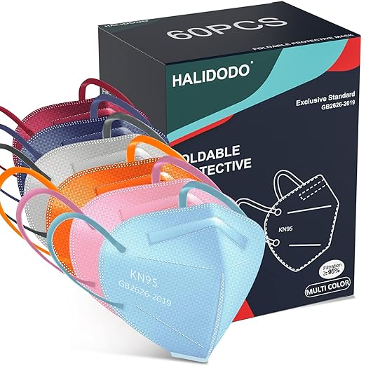 HALIDODO 60 Packs Individually Wrapped KN95 Face Mask 5-Ply Breathable & Comfortable Filter Safety Mask with Elastic Ear loop and Nose Bridge Clip, Protective Face Cover Mask, Multi Color - AquaVibe