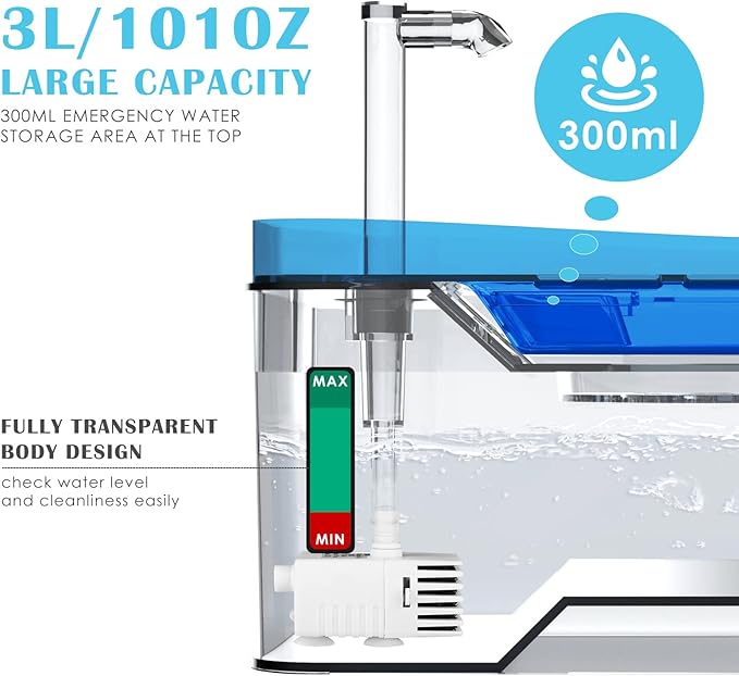 PETNF Blue Pet Water Fountain, 101oz/3L Automatic Cat and Dog Water Dispenser with LED Light, Ultra Quiet Pump, 3 Flow Settings & 2 Filters - AquaVibe