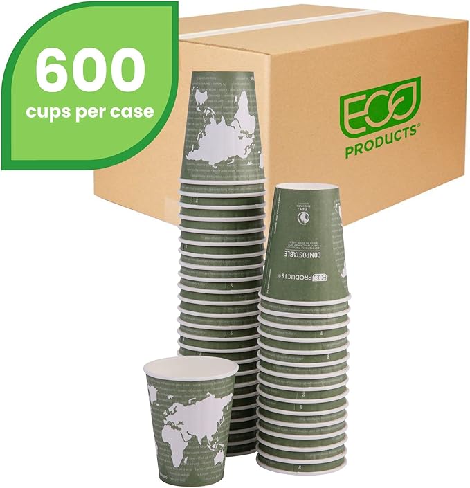 ECO PRODUCTS Compostable Disposable Insulated World Art 12oz Coffee Cups, Case of 600, Renewable Double-wall Hot Paper Cup, Plant Based PLA Lining, No Sleeves Needed, Color Coded