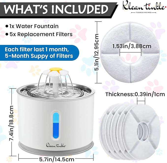 LED Automatic Pet Drinking Fountain Dispenser Bowl 2.4L (80 oz) Large Capacity White Cat Fountain with 5 Filters - 5 Month Supply - Small dog Fountain - Quite Design is Safe with Adjustable Water Flow