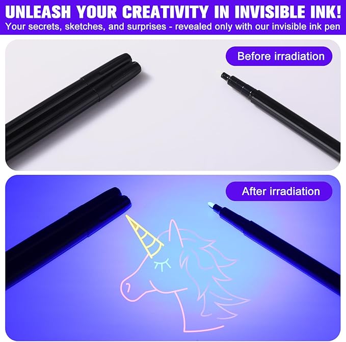 Tegeme 4 Invisible Ink Pen Set 2 Invisible Marker 2 Blacklight Flashlights with UV Black Light Markers Disappearing Ink Pen for Secret Notes Holiday Gifts Favors(51 LED)
