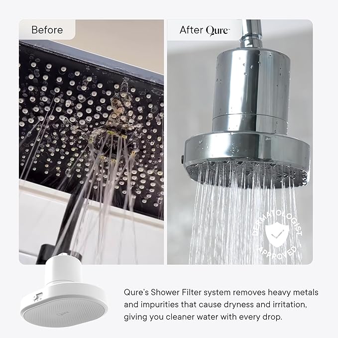 Qure Shower Filter Head for Hard Water, healthier Hair, Skin & Nails, Reduces 99% Chlorine, High Pressure Showerhead, Improve your Beauty and Skincare Routine, Dermatologist-approved - Silver