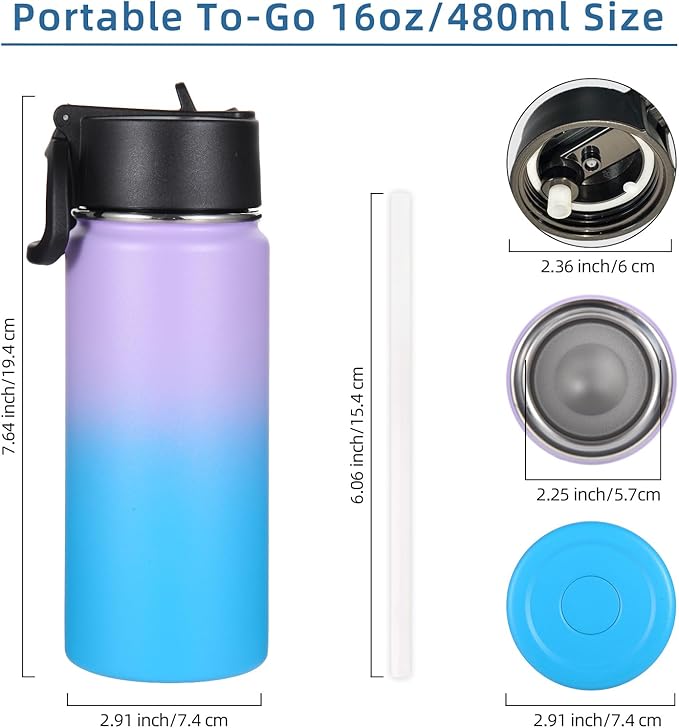 Volhoply Kids Insulated Water Bottle with Straw,16oz Stainless Steel Cold Water Bottles for School,BPA-Free Metal Wide Mouth Cups with Handle,Reusable Double Wall Vacuum Sport Flask(Lavender Blue,1)
