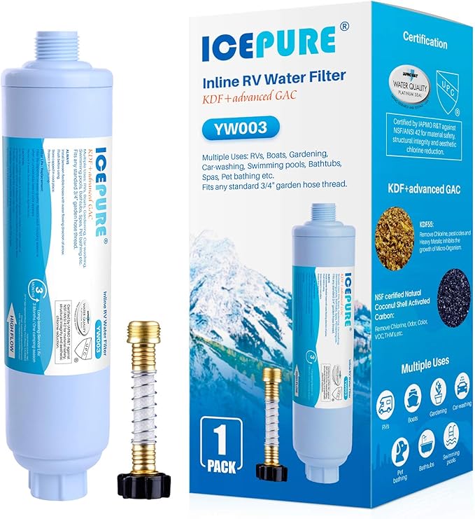 ICEPURE RV Inline Water Filter with Anti-Kink Hose Protector, NSF/ANSI 42, GAC & KDF Filtration, Reduces Chlorine & Odors, Fresh Clean Water for RVs, Camping, Car Washing, Gardening & Pools, 1 Pack