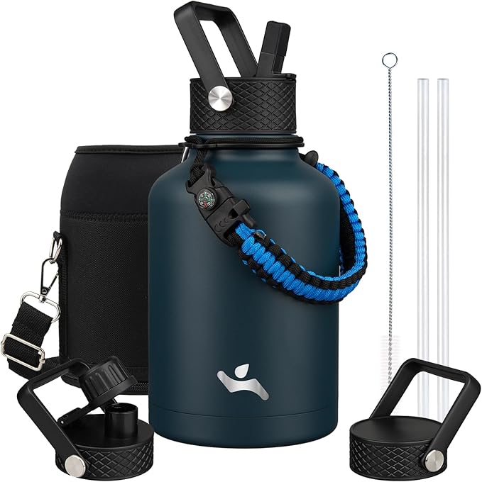 Insulated Water Bottle with Straw,50 oz 3 Lids Water Jug with Carrying Bag,Paracord Handle,Double Wall Vacuum Stainless Steel Metal Flask,Navy Blue