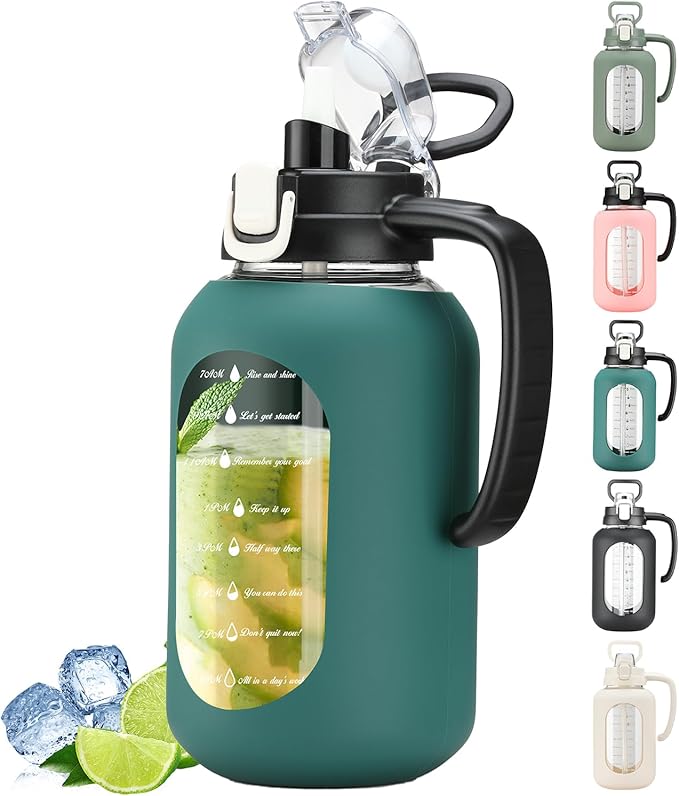 64 oz Glass Water Bottle with Handle and Straw Large 2L Water Bottle with Time Markers and Silicone Sleeve Half Gallon Water Jug BPA Free for Gym Daily Use