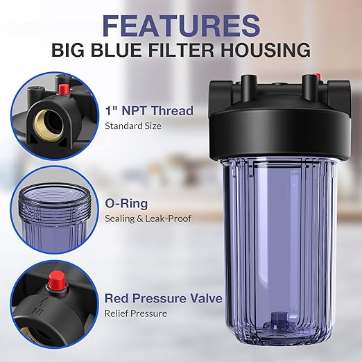 SimPure Whole House Water Big Filter Housing (DB10C), 10" x 4.5", Blue for Whole Home Water Filtration, Sediment Water Filter System for Well, 1" NPT Brass Port (Clear Housing) (Pack of 2)