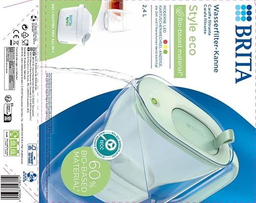 BRITA Style Eco Green Water Filter Jug (2.4 L) Including 1 Maxtra Pro All-in-1 Cartridge - Sustainable Water Filter in Modern Design to Reduce Limescale, Chlorine, Lead & Impurities