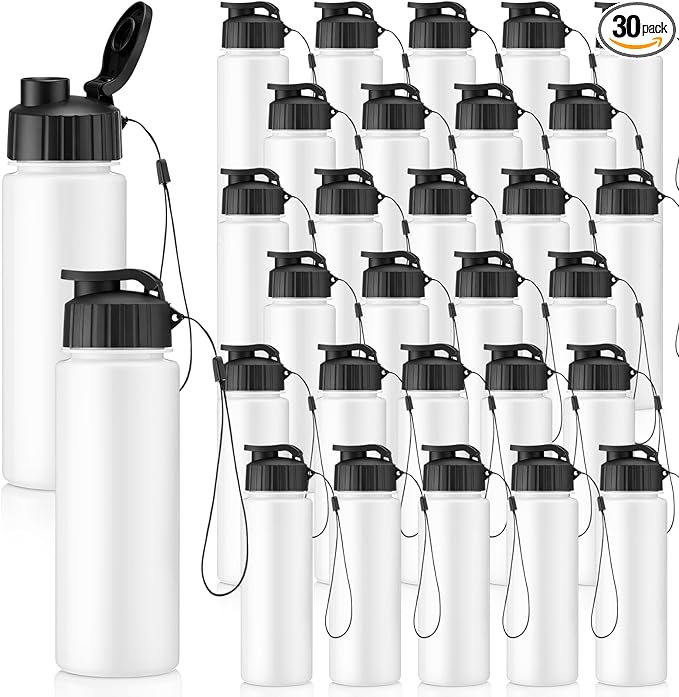 Maxcheck 30 Pieces Water Bottle Bulk 17 oz Plastic Sports Water Bottles Bulk with Handle Strap Lightweight Leakproof Drink Flip Top for Adults Fit Gym(Simple Style,White,Black)