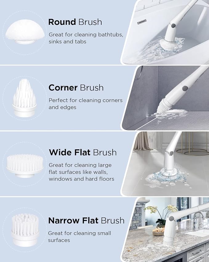 Electric Spin Scrubber, 360 Cordless Shower Scrubber, Electric Spin Cleaner with 4 Replaceable Shower Cleaning Brush Heads and 1 Extension Arm for Tub, Tile, Kitchen, Bathroom