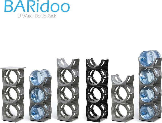 Bariboo Stackable Water Bottle Storage Rack Best Water Jugs 5 Gallon Organizer. Jug Holder for Kitchen, Cabinet and Office Organizing. Reinforced Polypropylene (Coal Black, 3 No Shelf)
