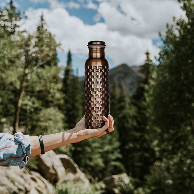 Black Bricks Design Pure Copper Water Bottle for Drinking Travel Water Bottle for Gym, Office, Hiking, Outdoor – Ayurvedic Bottle Joint Less Leak Proof