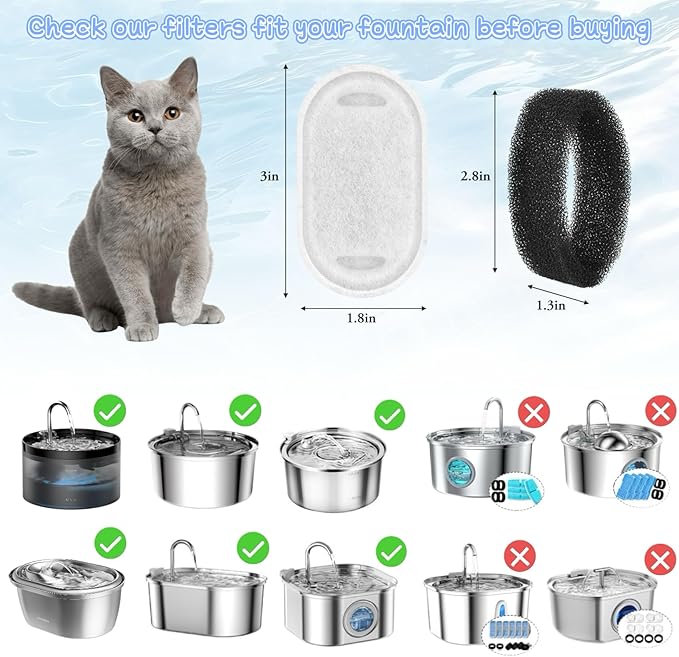 15+15 Pack Pet Water Fountain Filters, Cat Water Fountain Filters Replacement for Dog/Cat Fountain Stainless Steel 108oz/3.2L& 67oz/2L, 7 Months Set to Keep Drinking Fresh
