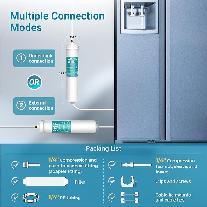 AQUACREST In-Line Water Filter for Refrigerator and Ice Maker, 5 years or 10,000 Gallons High Capacity, 1/4-Inch Direct Connect Fittings, Reduces Chlorine, Bad Taste & Odor