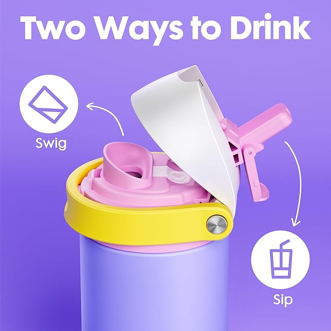 18 oz Insulated Water Bottle for Travel: Meoky Stainless Steel Kids Water Bottle with 2-in-1 Straw and Spout Lid - Leak Proof, Fits in Car Cup Holder, BPA-Free for Gym School, Starry Lilac