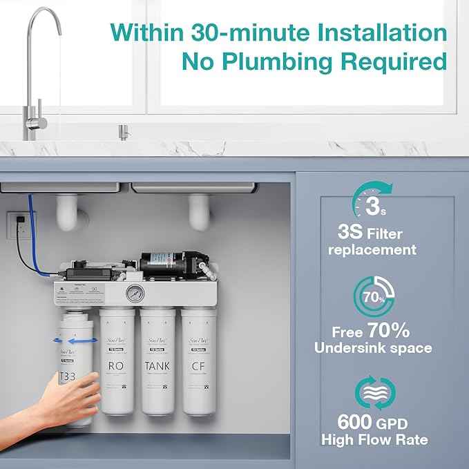 SimPure T2-600T Reverse Osmosis Water Filter System, Clear Water Near 0 TDS, NSF/ANSI 58 Certified, Built-in Pressure Tank Filter, UV, 600 GPD 8 Stage RO Filtration 2:1 Pure to Drain Ratio