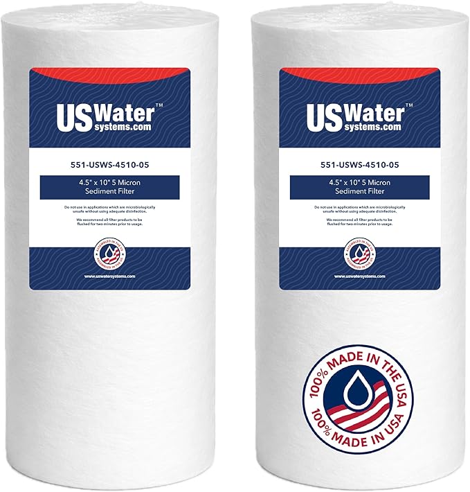 US Water Systems Spun Polypropylene Sediment Filter 5 Micron Water Filter 10 X 4.5, Whole House Water Filter Cartridge that Removes Dirt, Rust, and Sediment, Made in the USA, Pack of 2
