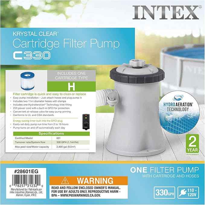 Intex C330 Krystal Clear Cartridge Filter Pump for Above Ground Pools: 330 GPH Pump Flow Rate – Improved Circulation and Filtration – Easy Installation – Improved Water Clarity – Easy-to-Clean
