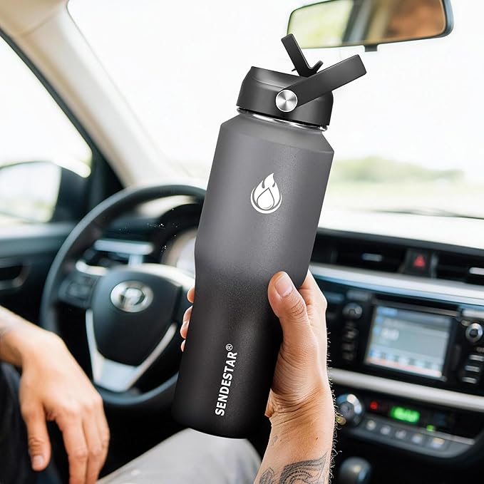 SENDESTAR Water Bottle 32oz,Wide Mouth Stainless Steel Vacuum Insulated Double Wall Keep Liquids Cold or Hot All Day,Sweat Proof Sport Design,Fit Car Cup Holder,2 Lids(Straw and Spout lid)(Gray&Black)