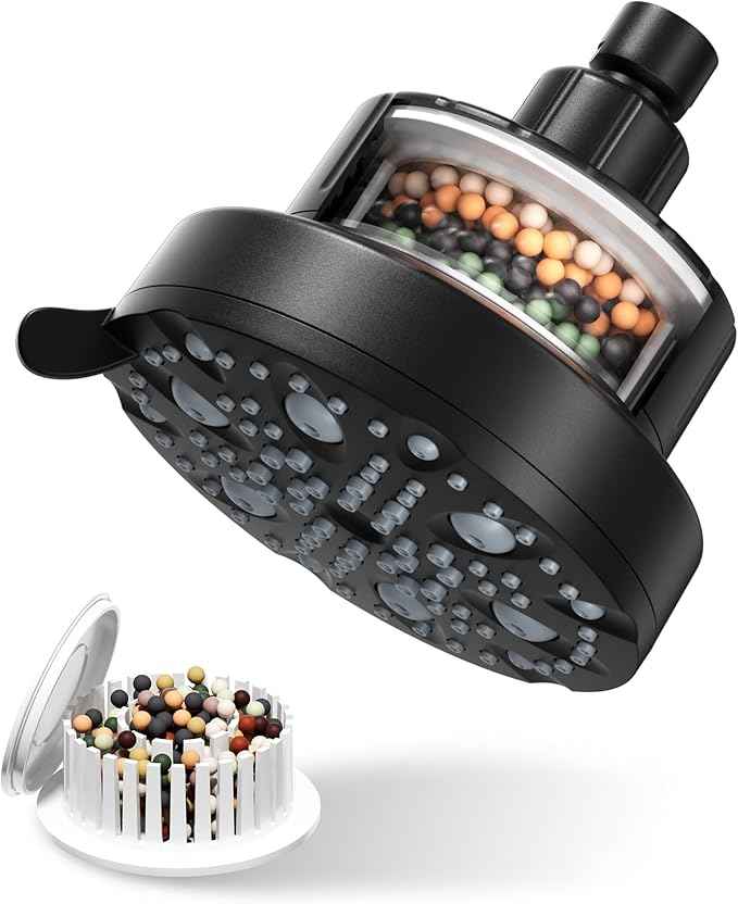 Shower Head with 20-Stage Filter for Hard Water & 7 Spray Modes for Gentle Rain to Protect Hair and Skin, with 2 Water-Saving Pause Mode for Bathroom (FM-002 Matte Black)
