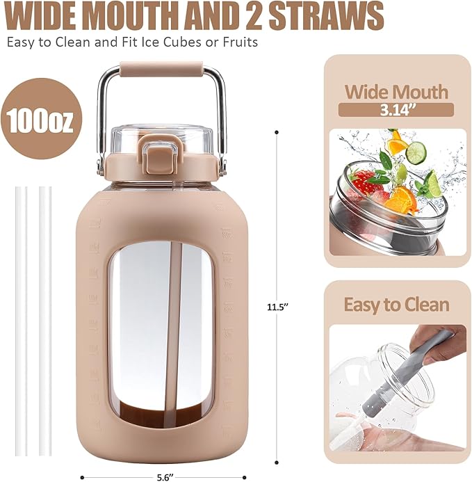 Large Glass Water Bottles with Stainless Steel Handle,100 oz Gallon Drinking Bottle with 2-in-1 Straw Lid,3 Liter Glass Water Jug with Silicone Sleeve,Wide Mouth,Amber