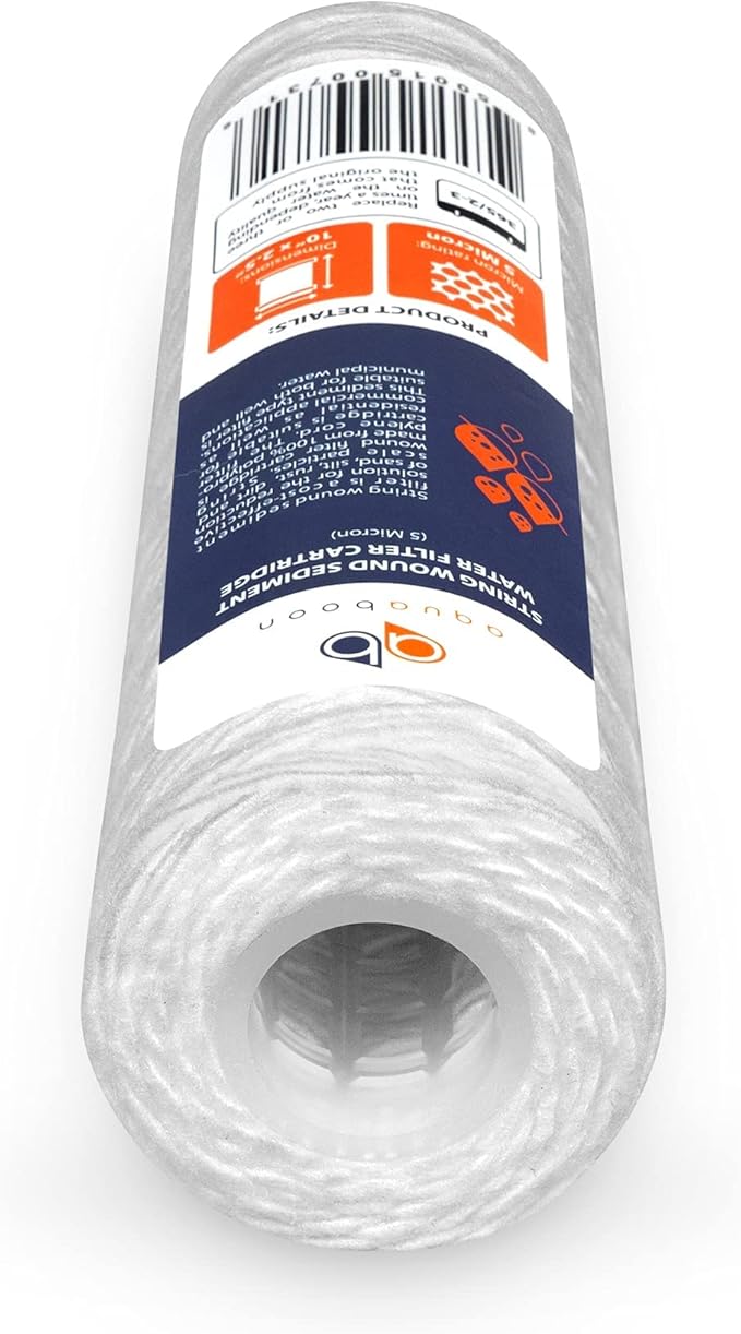 Aquaboon Whole House 5 Micron 10 x 2.5 String Wound Sediment Water Filter Cartridge Replacement Compatible with Well Water Filter WHKF-WHSW, 25-Pack
