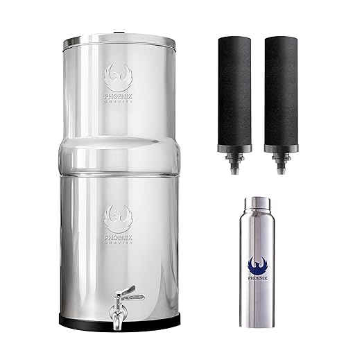 Phoenix Gravity - 4.25 Gallon Water Filter System AISI 304 Stainless Steel Gravity Fed Water Filter System, NSF Certified 2 Carbon Filter Elements & Free Stainless Steel Water Spigot