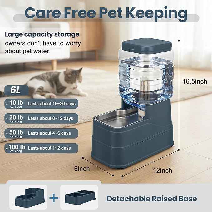 Automatic Dog Water Dispenser Gravity Stainless Steel Water Feeder Cat Waterer Feeder with Wide Mouth Bowl for Small Medium Dog Puppy Kitten (Filter &Ice Pack Included) 1.6Gallon Navy
