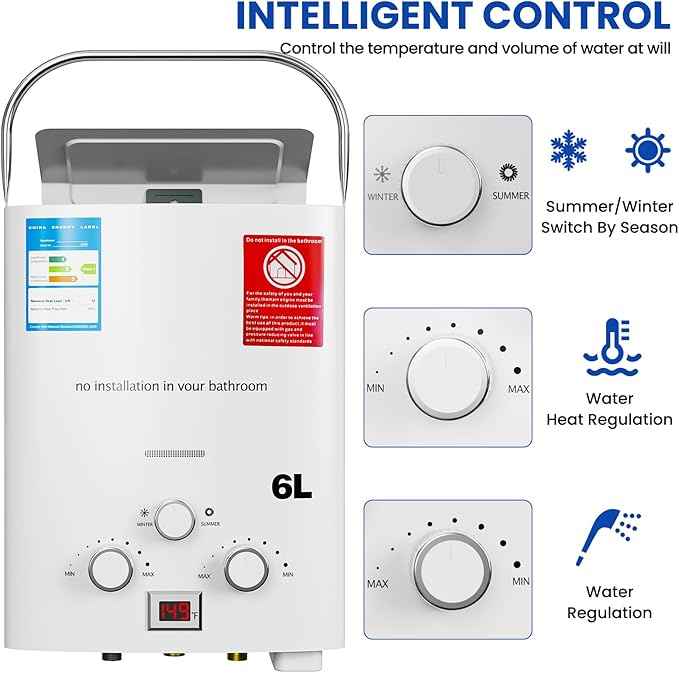 Propane Tankless Water Heater gas, 6L Portable propane shower 1.58 GPM, Outdoor Tankless Camping Water Heater for RV, Cabin, Barn, Camping, Boat, Outdoor Shower