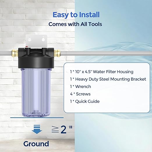 Whole House Water Filter Housing (WH-C10HD), 10" x 4.5" Sediment etc Filter Universal Housing, Pre-Filtration System for Well and City Water, 1" NPT Port, Pressure Release(Clear Housing)