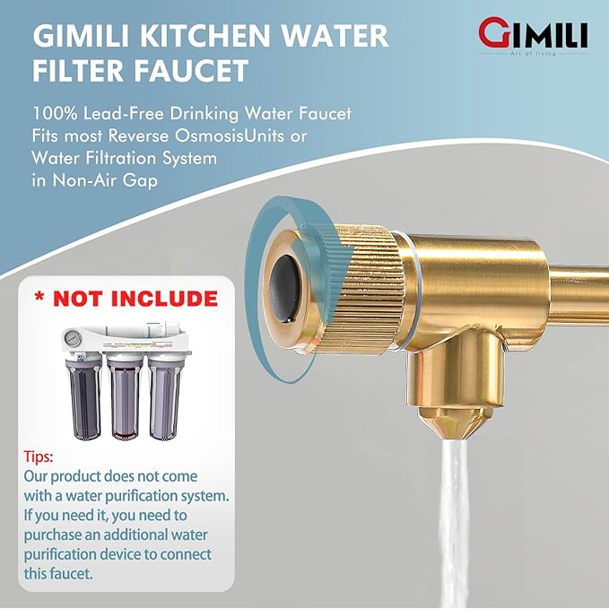 GIMILI Brushed Gold Drinking Water Faucet 3 in1 Commercial Style Pull-Down Single Handle Filter Kitchen Faucet for Water Filtration System,Without Water Filtration Device