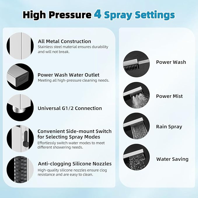 Hibbent cUPC Certified High Pressure 10'' Rainfall Shower Head, Showerhead Combo with 4-mode Handheld Spray, 12'' Adjustable Extension Arm, Extension Bar, Easy Reach Holder, 71'' Hose, Chrome